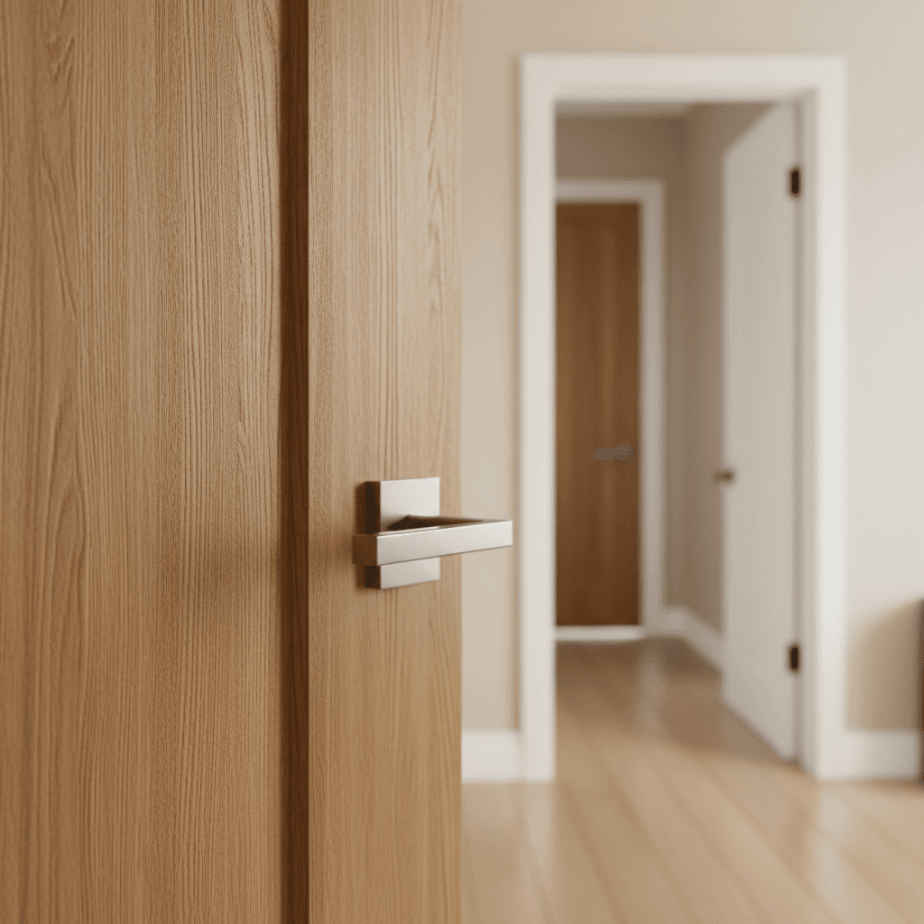 Polished brass door handle on a wooden front door