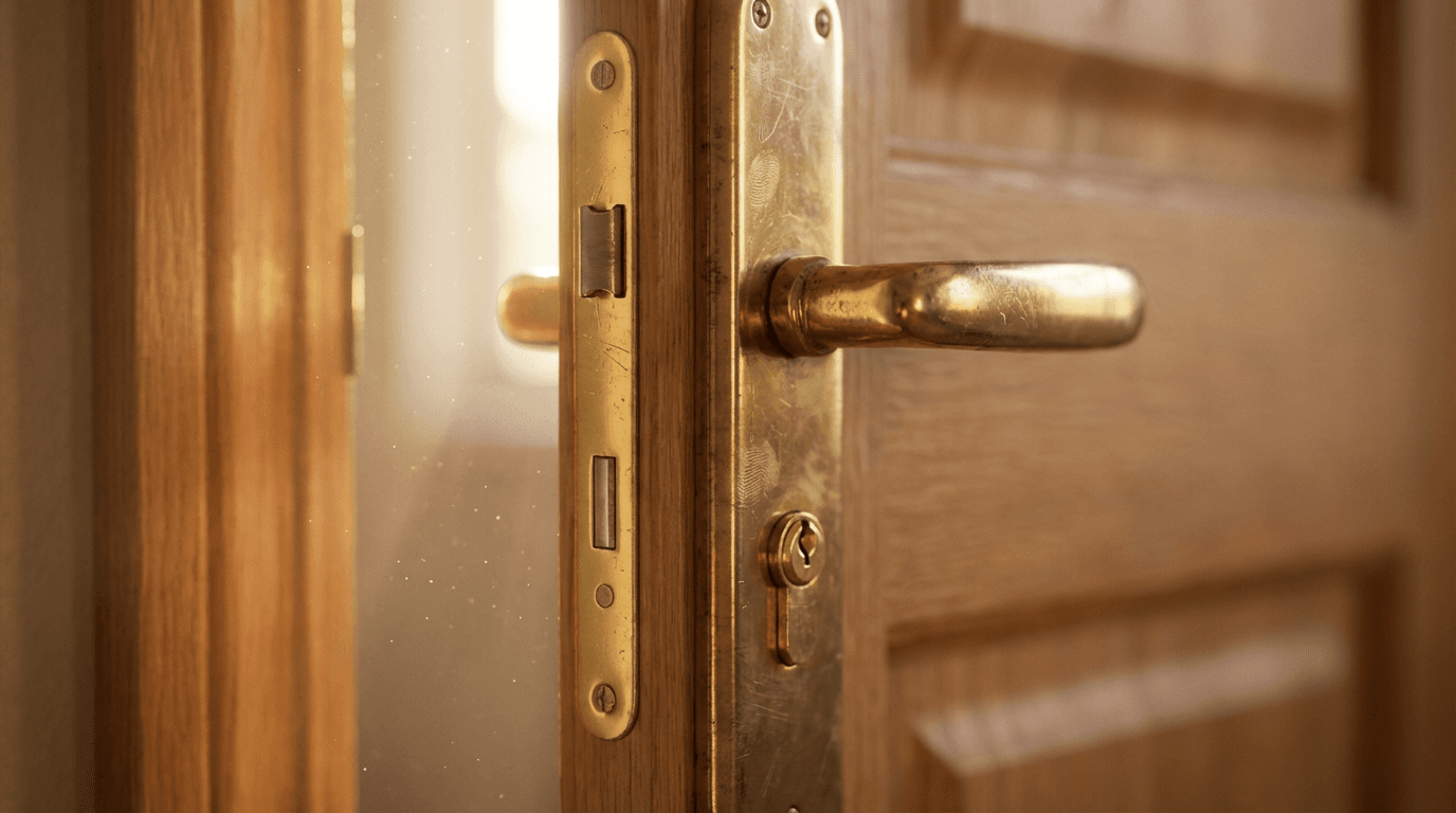Close-up of polished brass door handle on dark wooden door